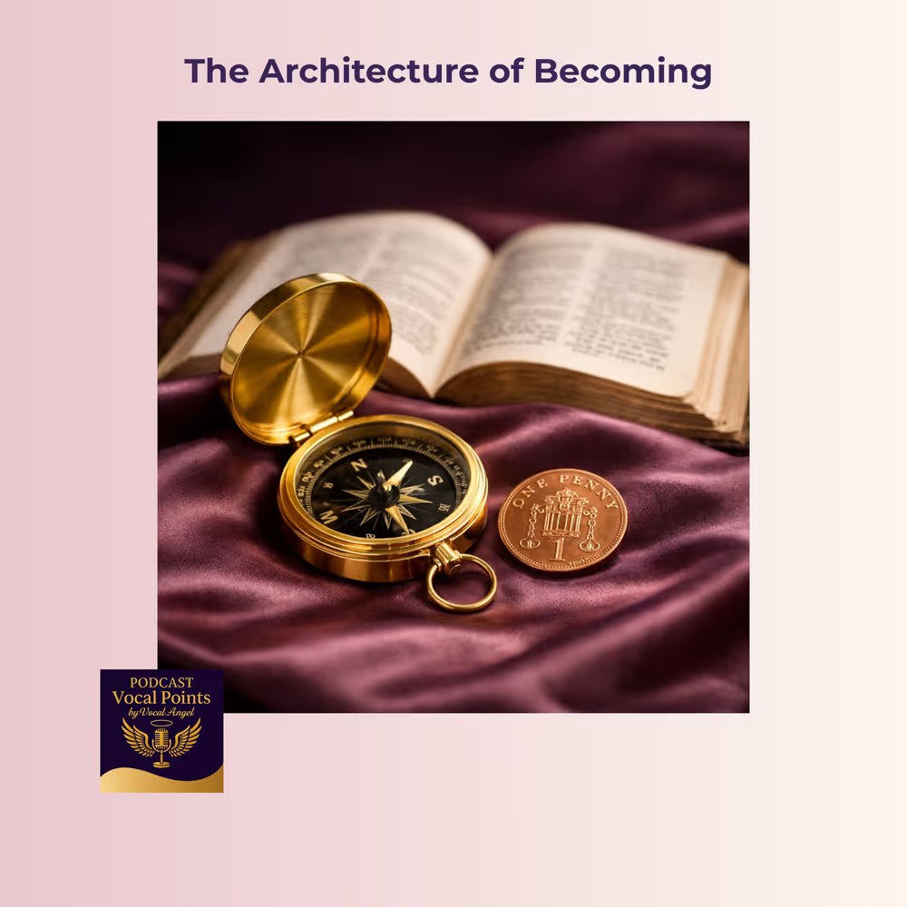 The Architecture of Becoming — Sovereign Compass NFT featuring a gold compass, penny, and open book on royal purple velvet